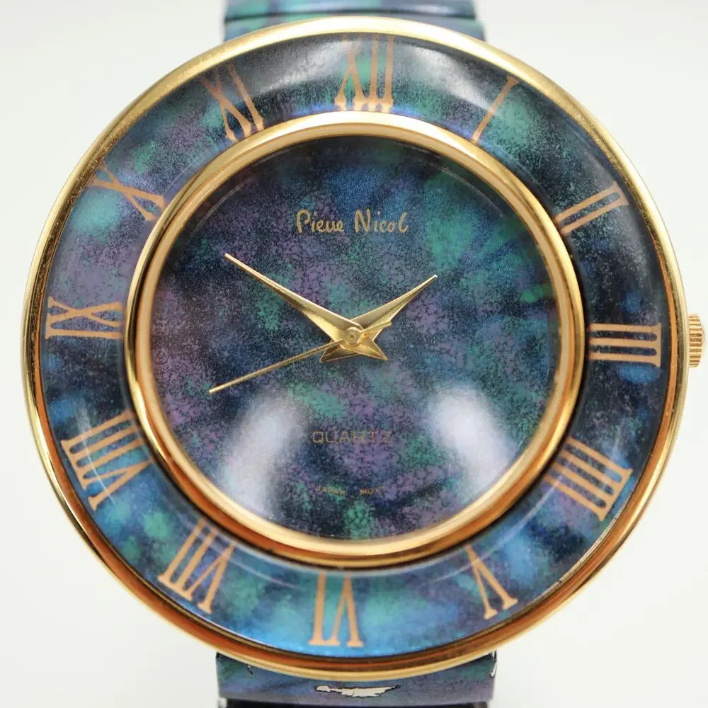 Vintage Pierre Nicol Blue Gold Tone Round 42mm Watch Stretch Band w New Battery